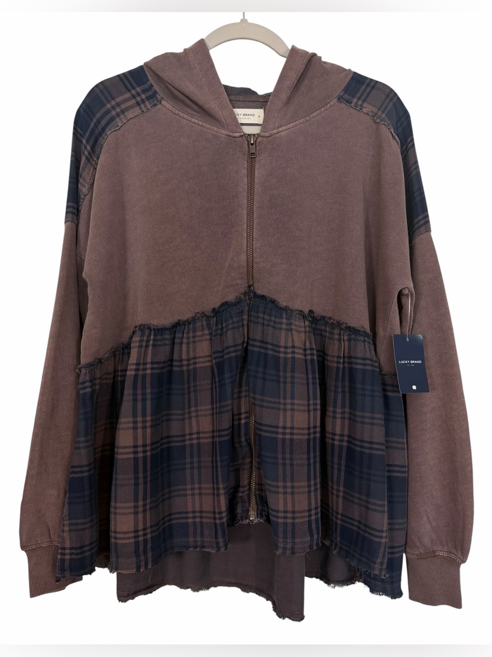 Lucky Brand French Terry Plaid Zip Up Hoodie Taupe Brown Boho NWT Size S